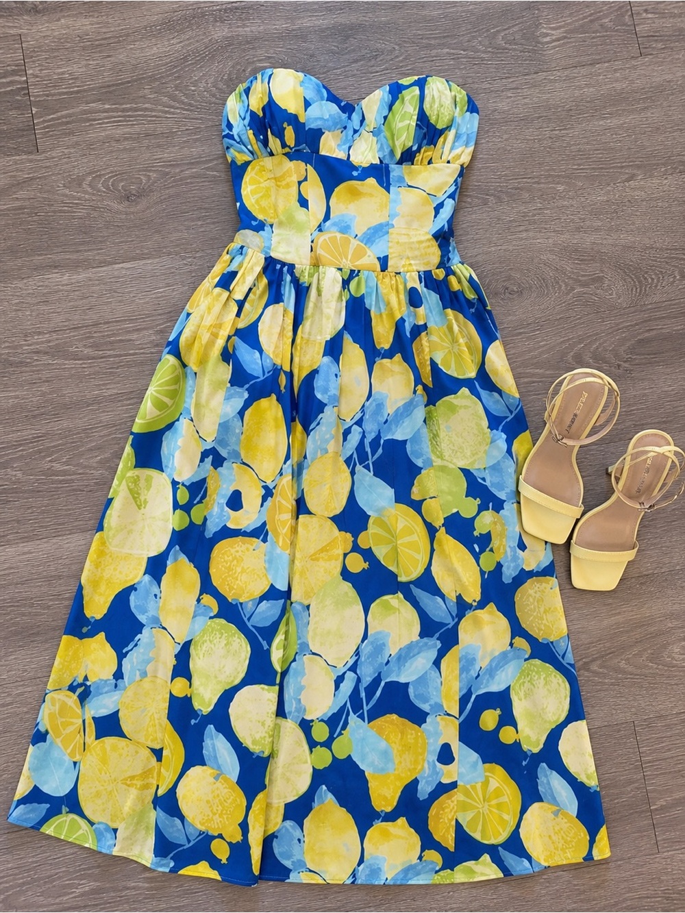 Fashion Nova Blue & Yellow Strapless Lemon Print Midi Dress